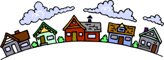 drawing of 5 houses side by side on a curved line with a few puffy clouds above 