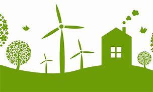 green colored picture of windmills trees and a house 