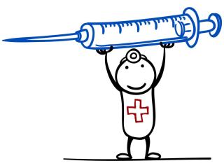 cartoon nurse holding large syringe overhead  with smile on face 