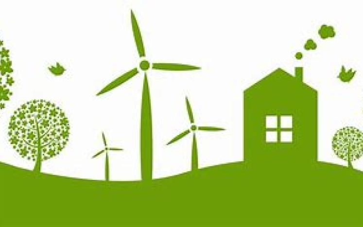 green colored picture of windmills trees and a house 