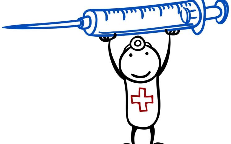 cartoon nurse holding large syringe overhead  with smile on face 